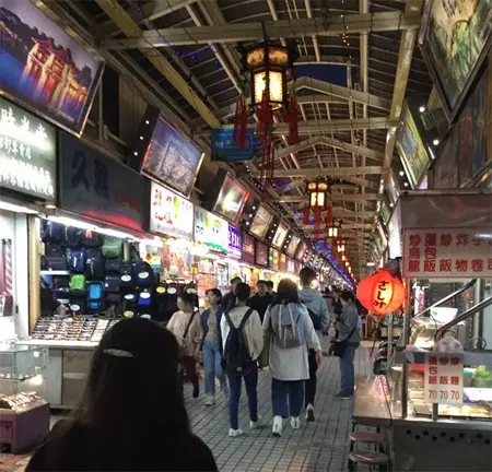 台北市華西街のアーケードにある占い専門書籍店の進源書局目指してどんどん歩いている途中。