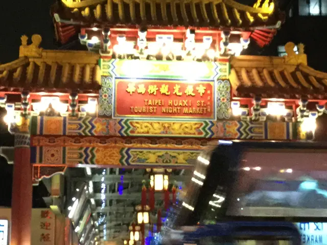台北市内の華西街夜市の門。夜でライトアップされててきれい。