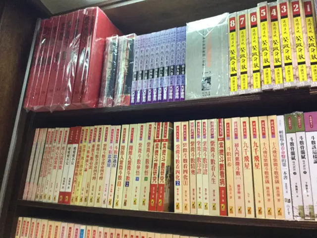 台北市内の占い書籍専門店の進源書局内の本棚。様々な紫微斗数の本がズラリと並んでいる。
